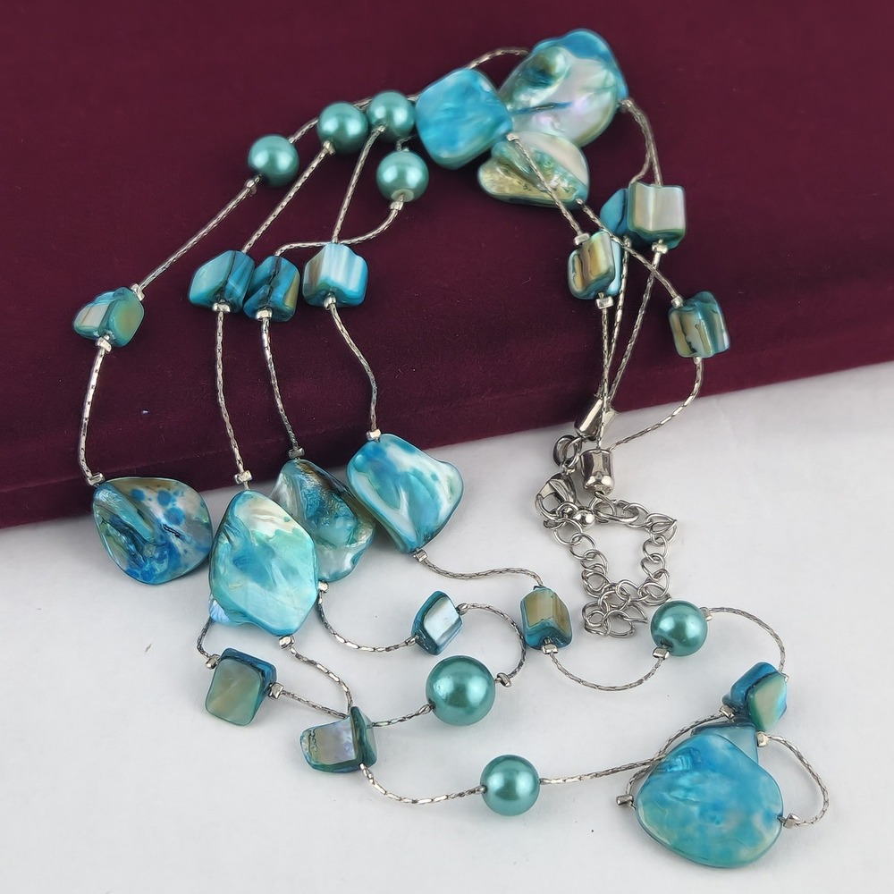 Vintage Multi Strand Blue Abalone Shell Faux Pearl Layered Necklace Boho Teal
